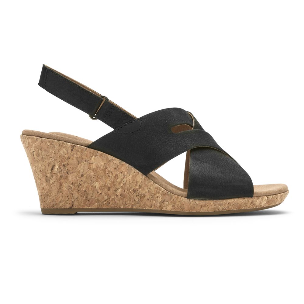 Sandálias De Cunha Mulher Rockport Briah Slot Slingback Pretas,Portugal QYADH-4103